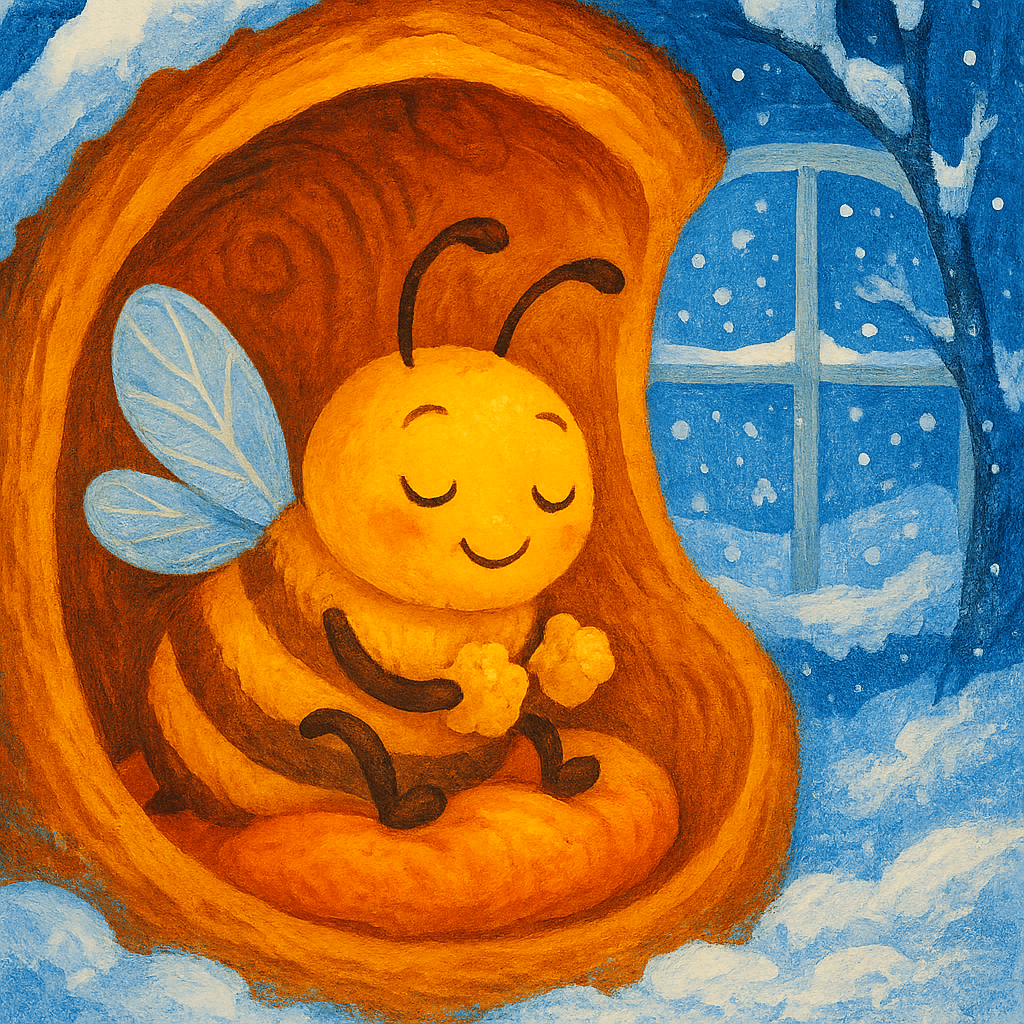 Пчелка зимой спит в теплом улье, вокруг мороз.