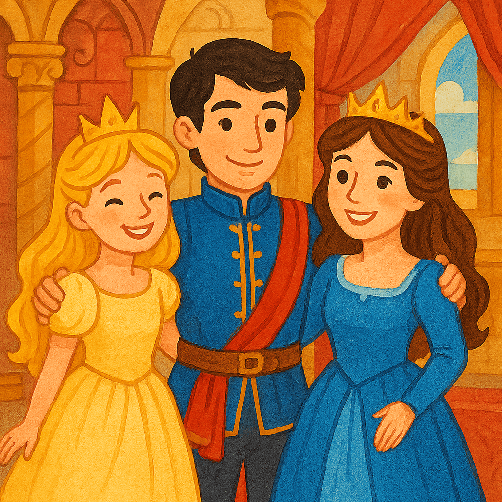 Золотое Деревце, принц и вторая принцесса счастливо стоят вместе в замке.