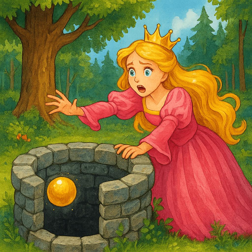 Принцесса в испуге смотрит, как золотой мяч падает в колодец