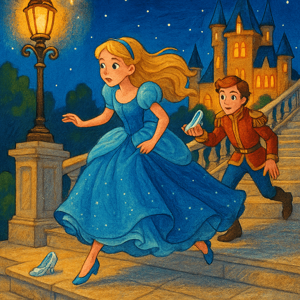 Золушка убегает со второго бала, принц подбирает её хрустальную туфельку