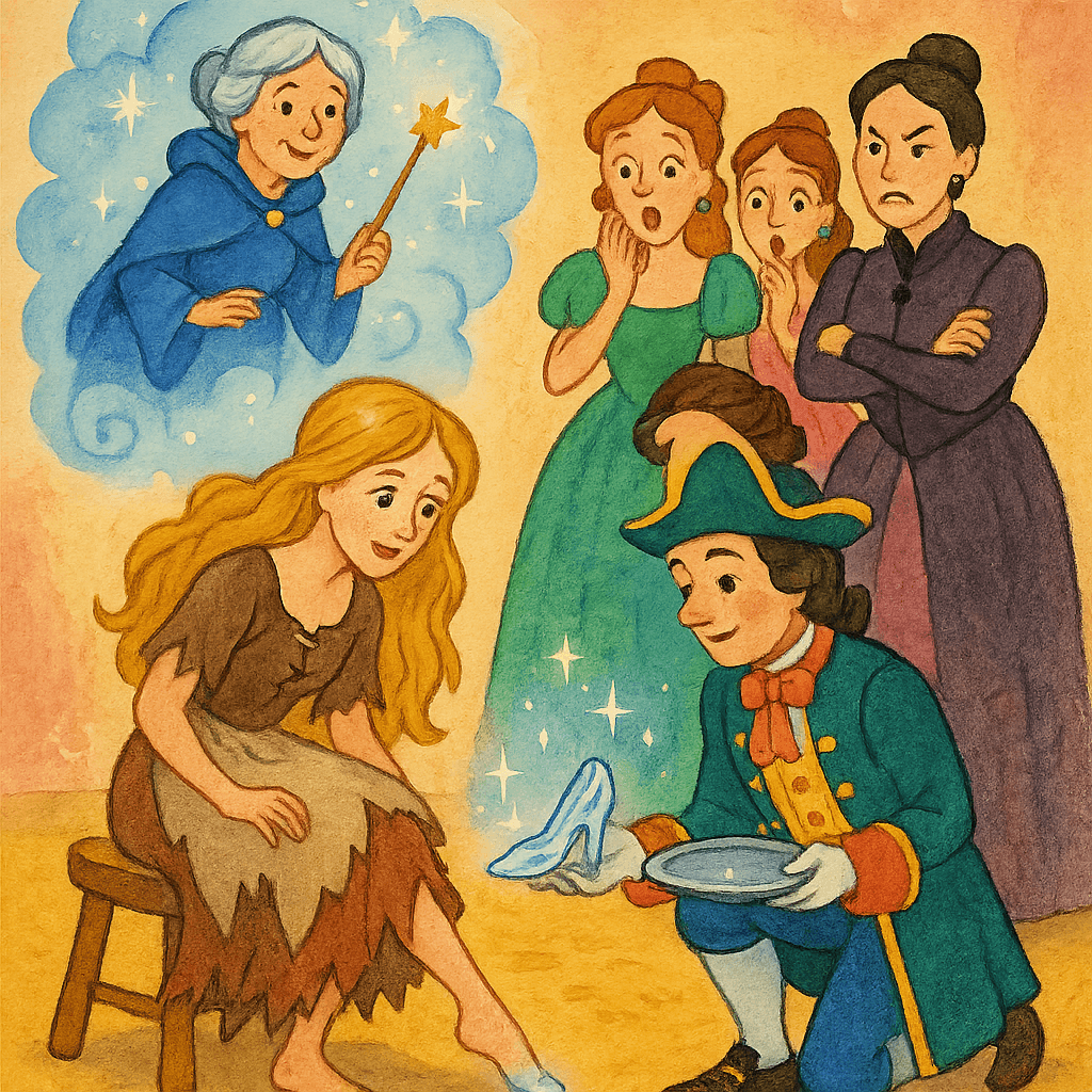 Золушка примеряет хрустальную туфельку, все в восторге и удивлении