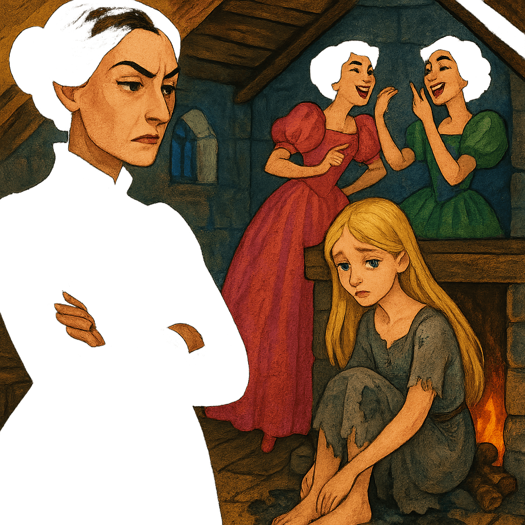 Золушка сидит у очага на золе в каморке, а мачеха и сестры обсуждают новые платья