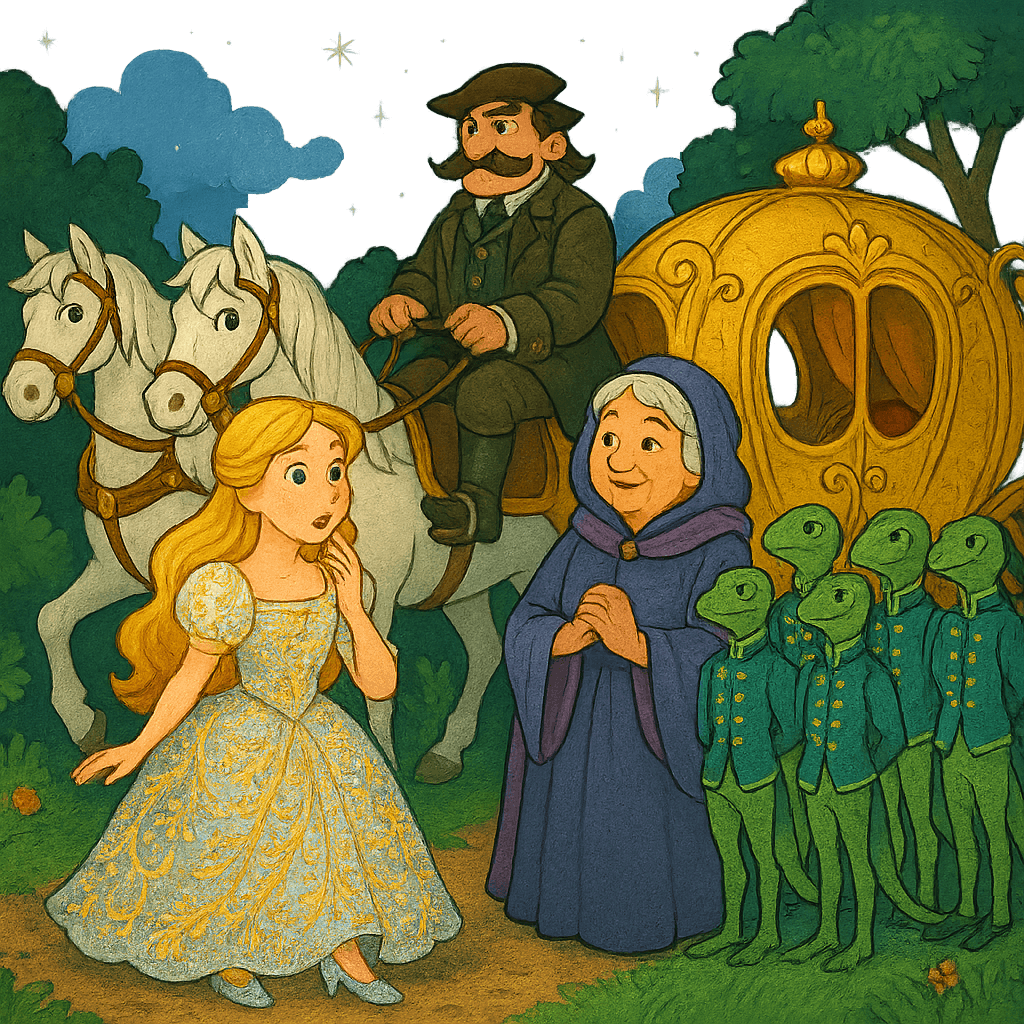 Преображённая Золушка возле кареты с волшебницей, кучером и слугами-ящерицами